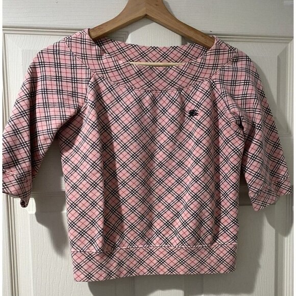 BURBERRY BLUE LABEL 3/4 Sleeve Plaid Check Horse Logo white & pink Size M